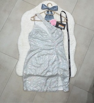 Cekinowa sukienka mini z rozcięciem w st. Glamour!