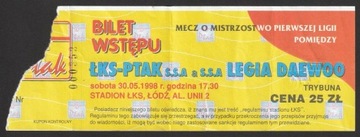 bilet mecz liga polska - ŁKS - Legia - 1998 