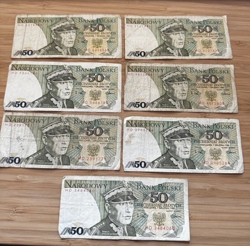 Komplet 7 banknotów 50zl 1988 seria HD