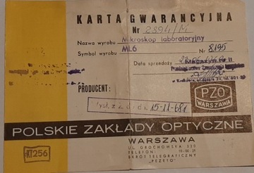 Różne karty gwarancyjne do mikroskopów i zasilaczy