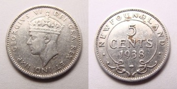 Nowa Funlandia 5 cents 1938 r. RZADKOŚĆ!