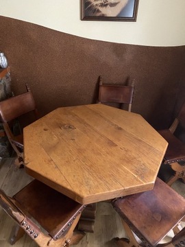 Duży dębowy stół + 5 dębowych/skórzanych krzeseł 