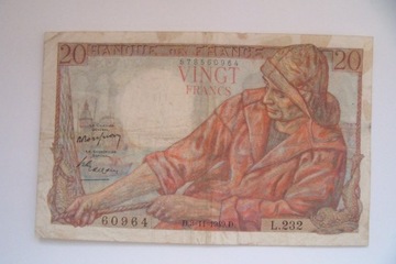 BANKNOT FRANCJA  20 FRANCS 1949 r. seria L