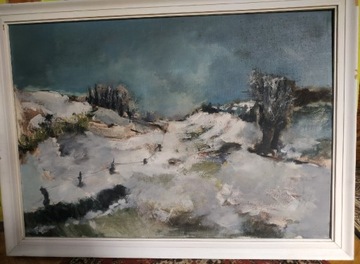 Krajobraz zimowy obraz olejny 92x65cm 1950 rok
