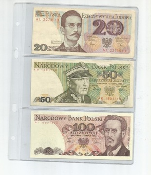 Zestaw banknotów z PRL, 20 zł, 50zł, 100zł - UNC