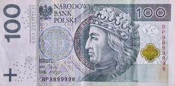 Banknot 100zł kolekcjonerski nr seryjny BP98999998