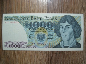 BANKNOT PRL 1000 ZŁOTYCH 1975 ROK SERIA  AY 0900011 MIKOŁAJ KOPERNIK