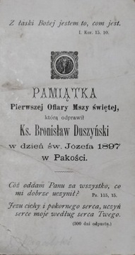 Pamiątka mszy św. prymicyjnej Duszyński 1897 