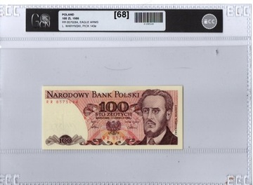 Banknot 100 zł z 1986r. seria RR, UNC w gradingu 68