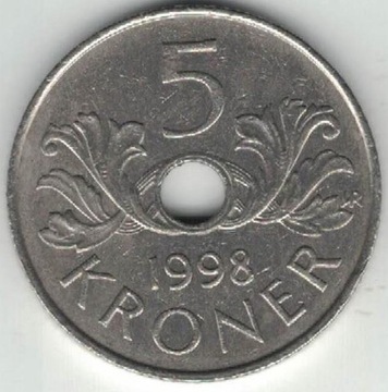 Norwegia 5 koron kroner 1998 26 mm
