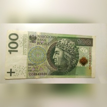 Banknot 100 zł, pięć ósemek! Nr. seryjny 8848886.
