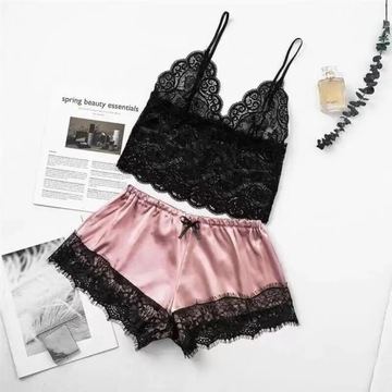 Sexy piżama koronkowa top spodenki różowa czarna L