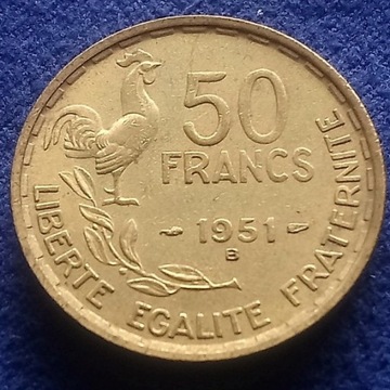 A128 Francja 50 franków 1951 ze znakiem mennicy B