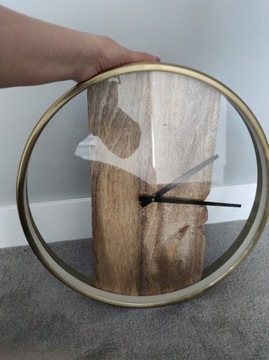 Zegar duży szklany złoty drewno design loft kare 