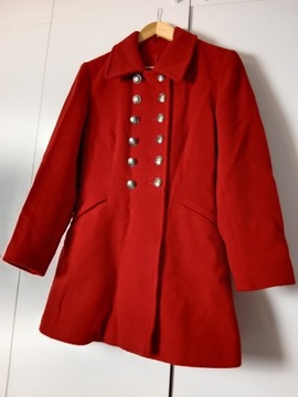 Czerwony płaszcz wełniany S 36 ciepły zapinany