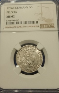 6 groszy 1756 r. Prusy-Wrocław NGC MS62