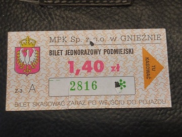 Bilet komunikacja MPK Gniezno 1.40 zł podmiejski 