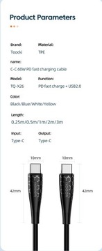 Toocki kabel USB-C - USB-C, PD do 60W transmisja d