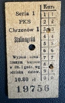 Bilet PKS (kartonowy) w relacji Chrzanów - Stalinogród (1956)