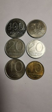 Monety PRL-u 100zł , 50 ,1990 r.  20 , 10 zł. 1986