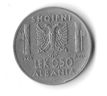 ALBANIA, 0,50 lek 1940, Emanuel III, st. 3+