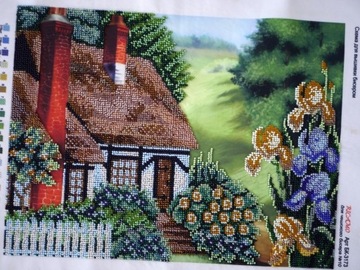 Obraz, haftowany koralikami"Dom na wsi" rękodzieło