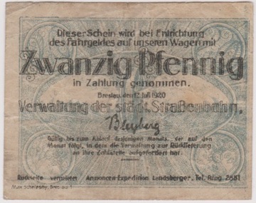 Breslau (Wrocław), 20 Pf,12.07.1920(Spitzen-Tülle)