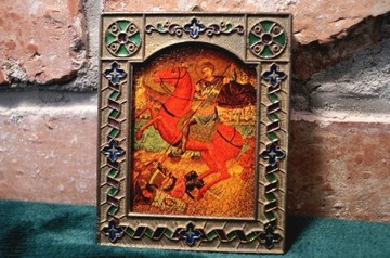 Stara ikona św Jerzy walczący ze smokiem. Piękna 