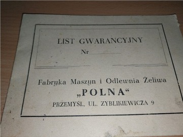 Polna Przemyśl 1961 list gwarancyjny