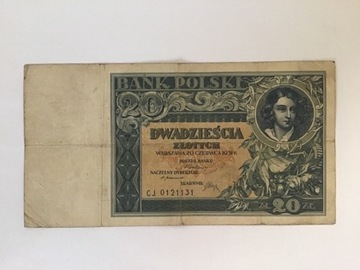 Banknot 20 złotych 1931 CJ 0121131 niski numer