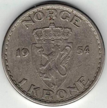 Norwegia 1 korona krone 1954 25 mm 