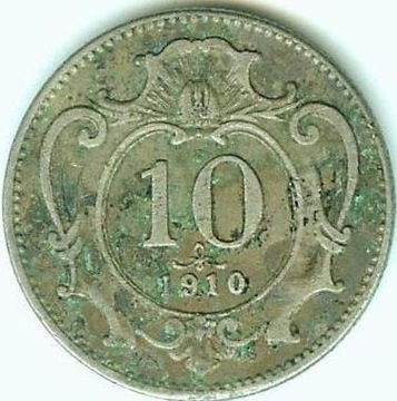 AUSTRIA 10 HELLER 1910 Ni - bardzo ładny stan