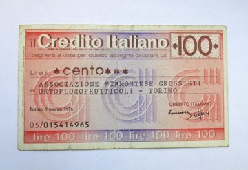 Banknot Włochy 100 lirów  Italiano – 1976 – Turyn