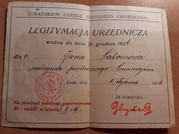 Legitymacja urzędnicza nauczyciela Lwów