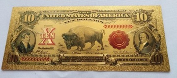 Banknot pozłacany 24k 10 $  BIZON USA z 1901 roku 