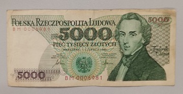 Banknot PRL 5000 zł. emisja 1986 r. seria BM bardzo rzadka 000