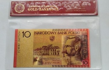 Banknot pozłacany 24k GOLD 10 zł. JÓZEF PIŁSUDSKI 