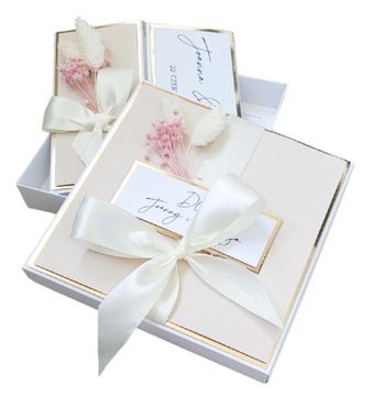 Kartka w pudełku ślub ślubna wesele personalizacja boho beżowa pudrowa