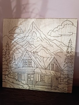 Domek w górach - obraz wypalany w drewnie