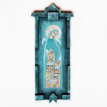 Anioł Klucznik V, obraz malowany na drewnie