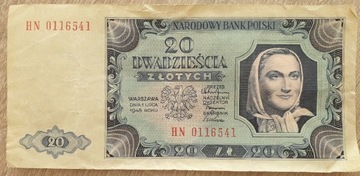 Banknot 20 złotych z 1lipca 1948. Seria HN 0116541