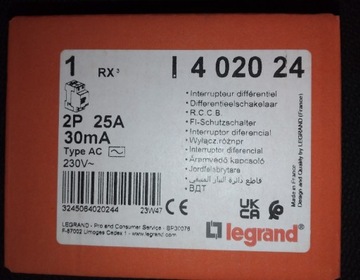 Wyłącznik różnicowo prądowy Legrand RX3 2P 25A 30mA