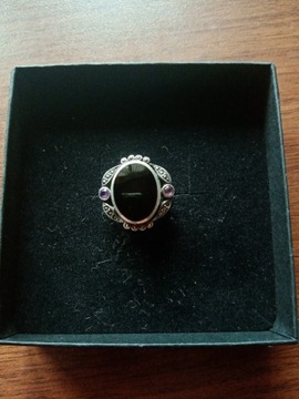 Srebrny 925 pierścionek z onyksem,markezytami r13