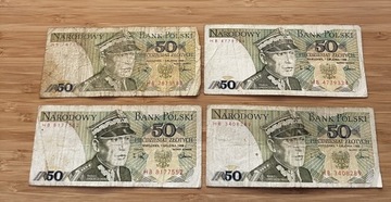 Komplet 4 banknotów 50zl 1988 seria HB