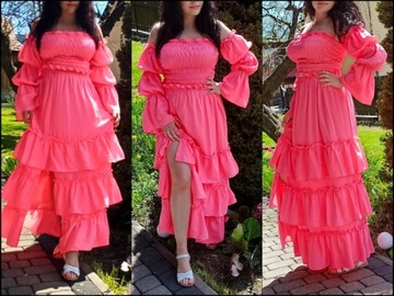 Różowy neonowy komplet na lato, długa sukienka