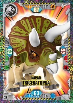 Karta Lego JURASSIC WORLD nr 27 Napad Triceratopsa