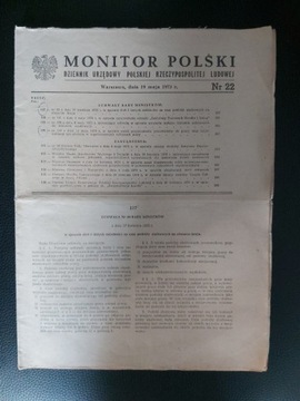 MONITOR POLSKI NR.22 z dnia 19 mają 1973r. DU-PRL