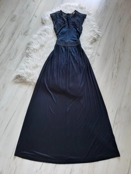 H&M długa sukienka maxi falbana haft XS