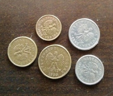 Monety 20, 10, 5,2, 1 groszy 1999 rok 