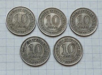 (3232) Malaje brytyjskie 10 centów 1950 ,5 szt.